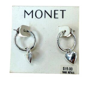 Monet Silver-Tone Hoop Earrings With Dangle Heart Charm